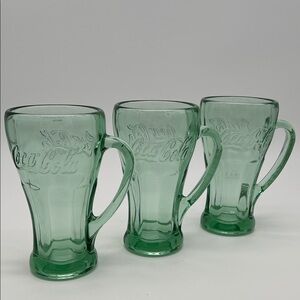 Vintage Green Libbey Coca-Cola Thick Heavy Soda Glass w/ Handle 14 oz (Set of 3)